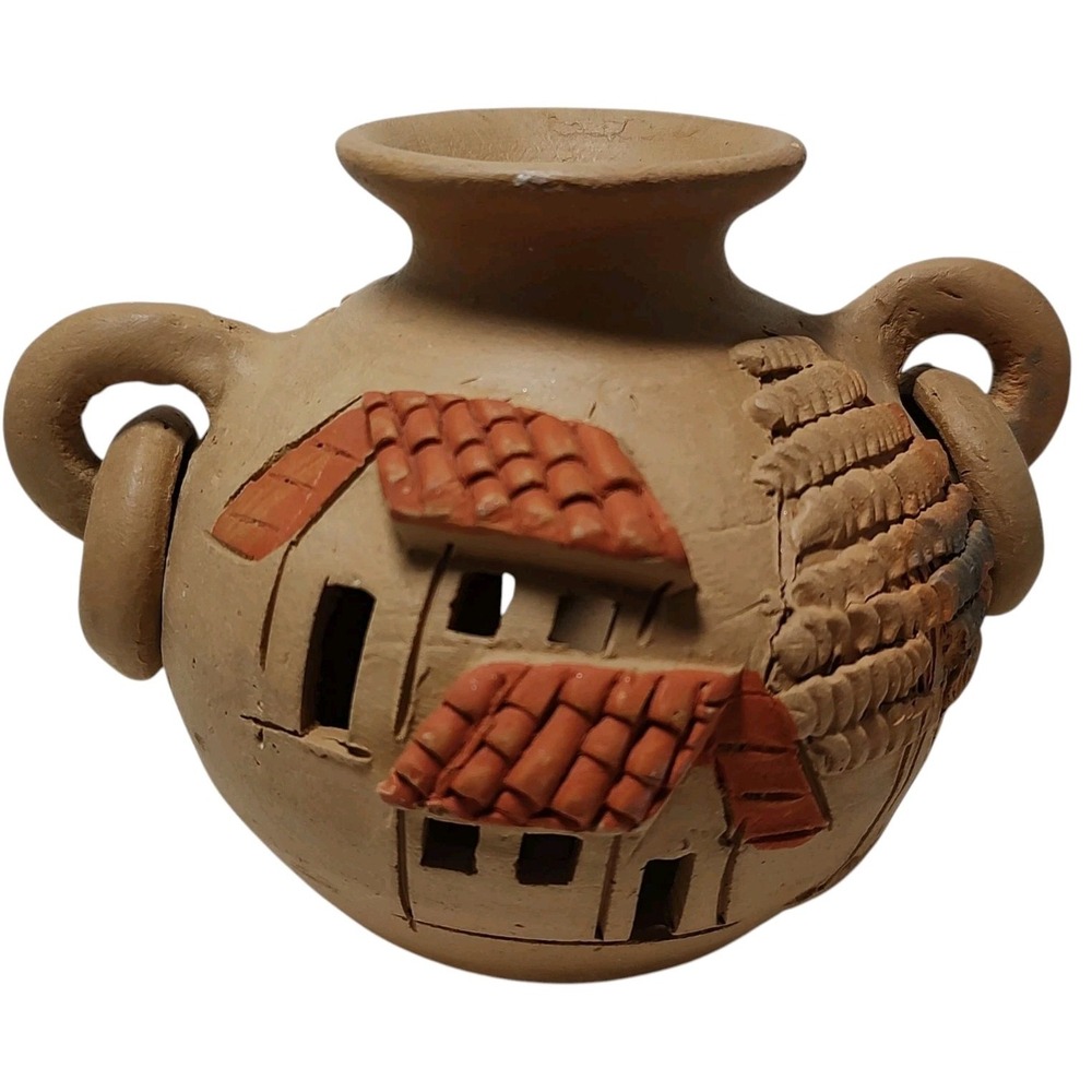 Vintage Mexican Folk‎ Art Vase Terracotta Clay Raised Design Textured Handmade